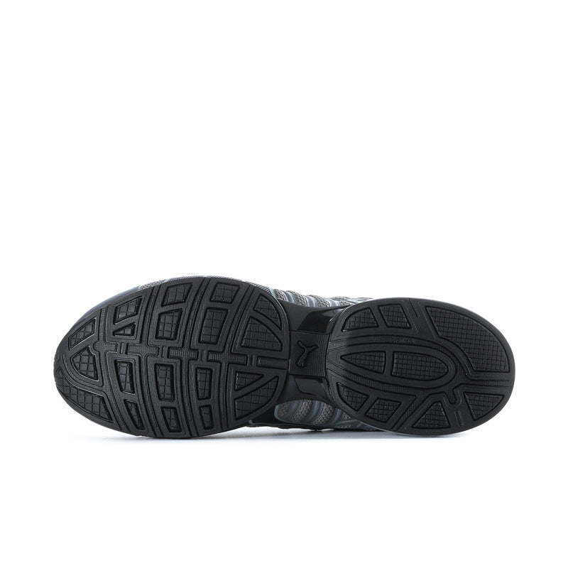 Men's dark grey/black outsole tread on lace-up running shoe with blue air-cushion base