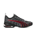 Men's Voltra running shoes in dark gray mesh with red stripe accents and black sole