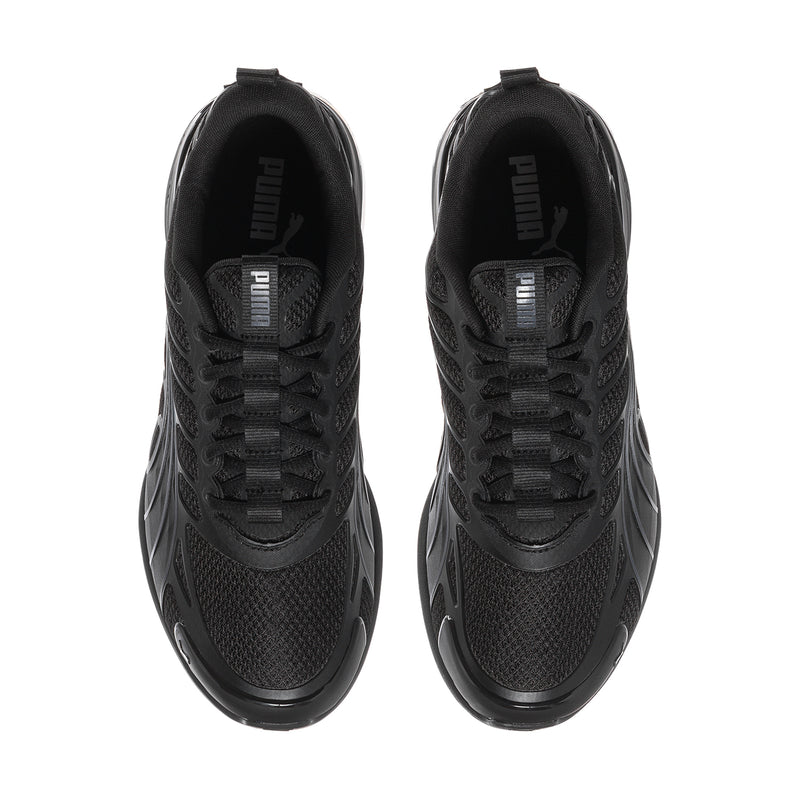 Men's Puma lace-up sneakers, front view, black textured upper with cushioned tongue