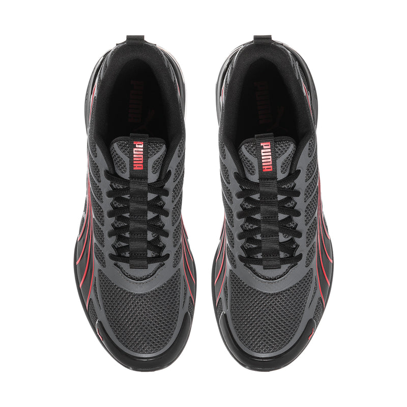 Pair of men's Voltra lace-up sneakers with dark gray mesh uppers and red piping