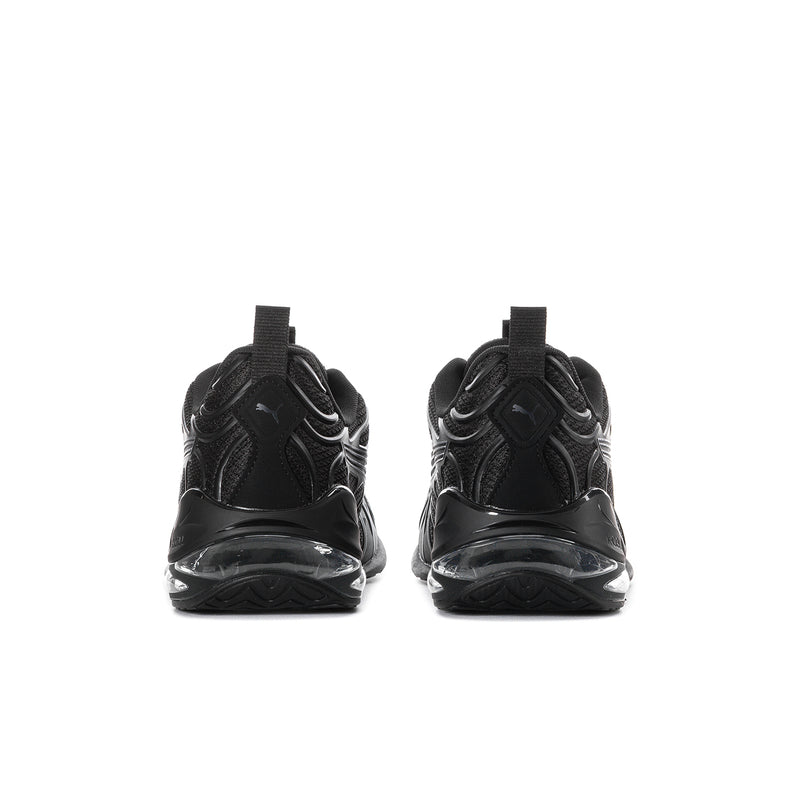 Men's Puma lace-up sneakers, heel view, black textured upper with sculpted sole