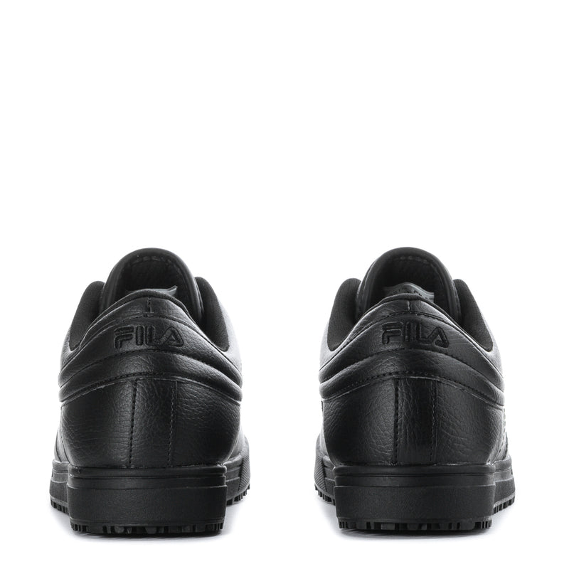 Men's black low-top sneakers, rear view with heel tab and rubber outsole tread