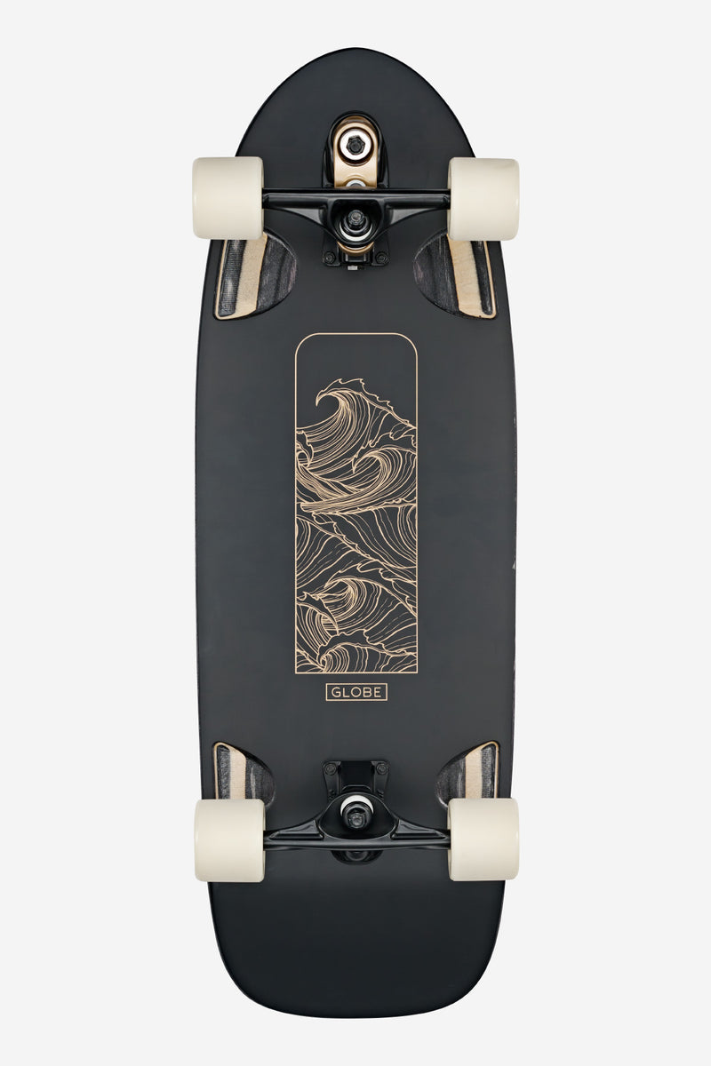 Top view of Walrus Surf Skate 31 Black Peaking with wide deck arch bar and gold wave graphic