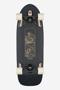 Top view of Walrus Surf Skate 31 Black Peaking with wide deck arch bar and gold wave graphic