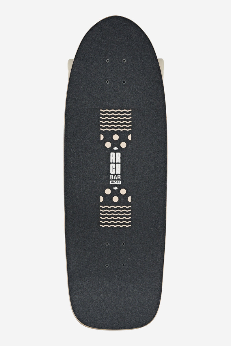 Top view of Walrus 31in Black Peaking deck with beige wave and dot graphic on black grip tape