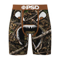 Men's camo boxer briefs with white peekaboo face graphic and brown waistband