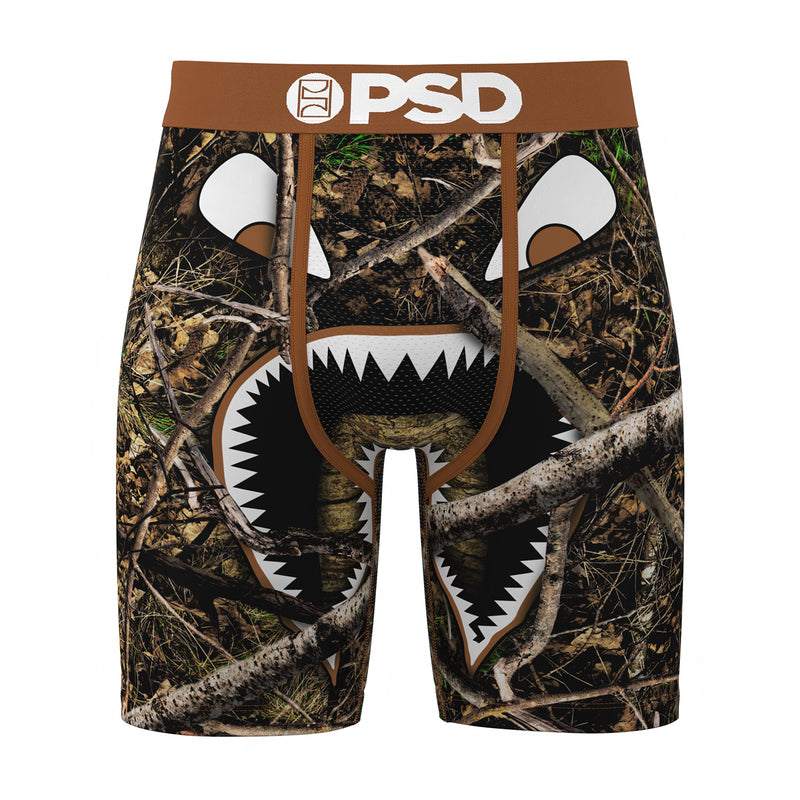 Men's camo boxer briefs with white peekaboo face graphic and brown waistband