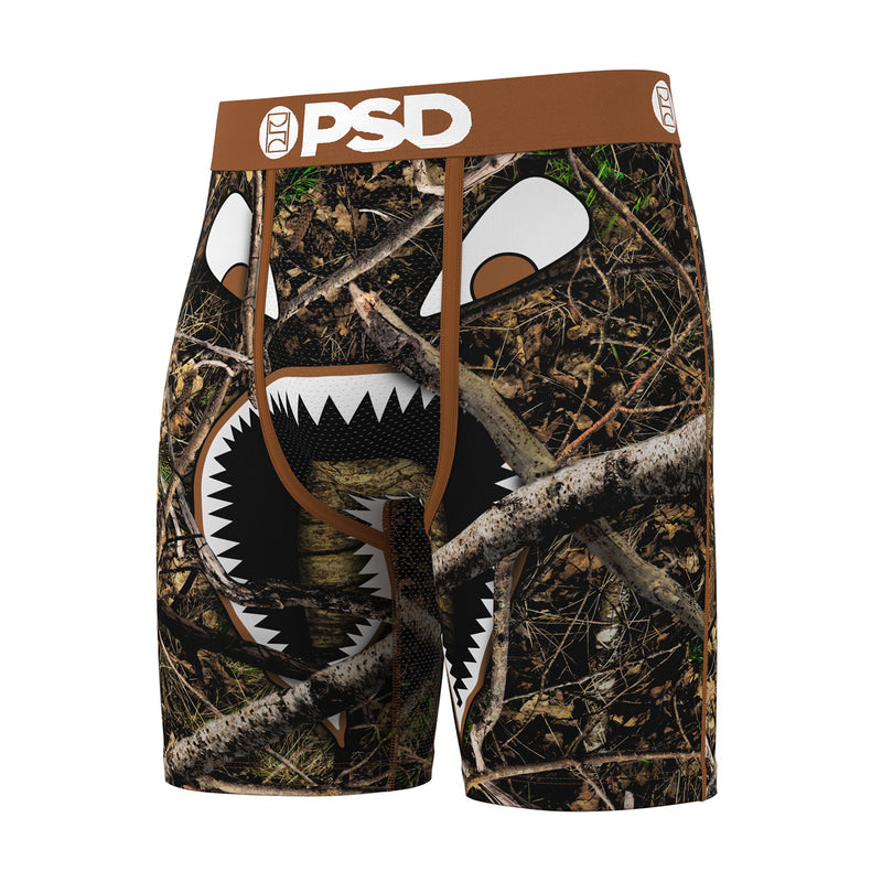 Men's Realtree camo boxer briefs with white/black face graphic front