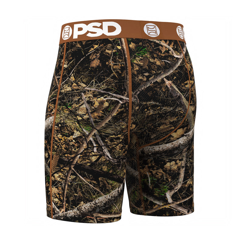 Men's Realtree camo boxer briefs back view with full pattern and brown waistband