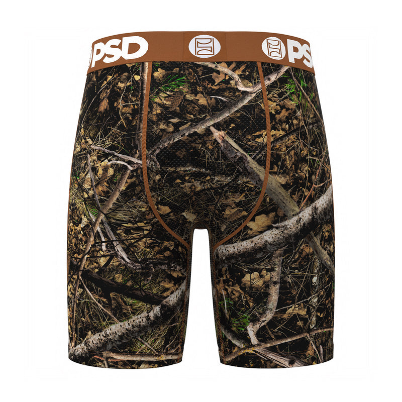 Men's Realtree camo boxer briefs front view with brown seams and white waist logo