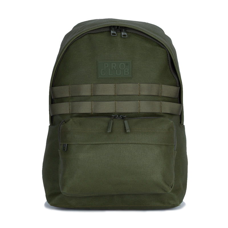 Olive waxed canvas day pack with zip top and front pocket, Pro Club patch