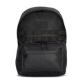 Black waxed canvas day pack with top zipper, front pockets, and woven strap details