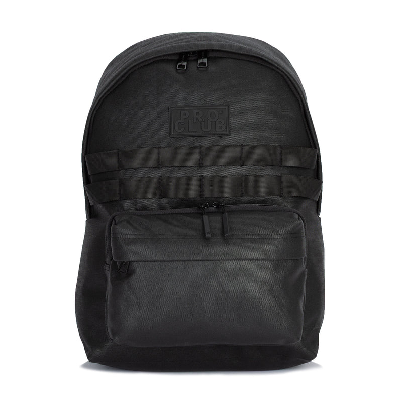 Black waxed canvas day pack with top zipper, front pockets, and woven strap details