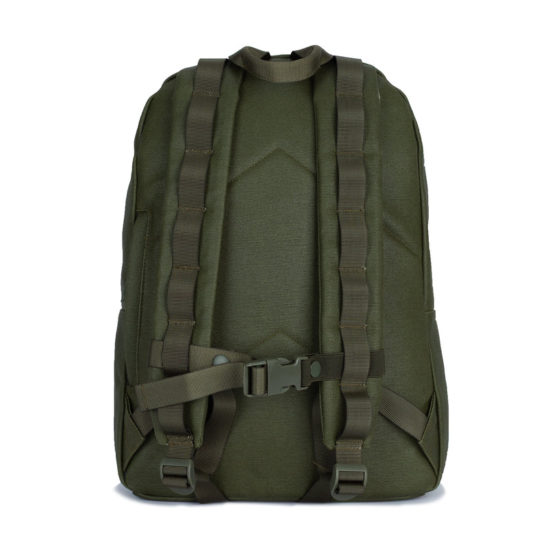 Olive waxed canvas day pack with padded straps and back panel, adjustable chest belt