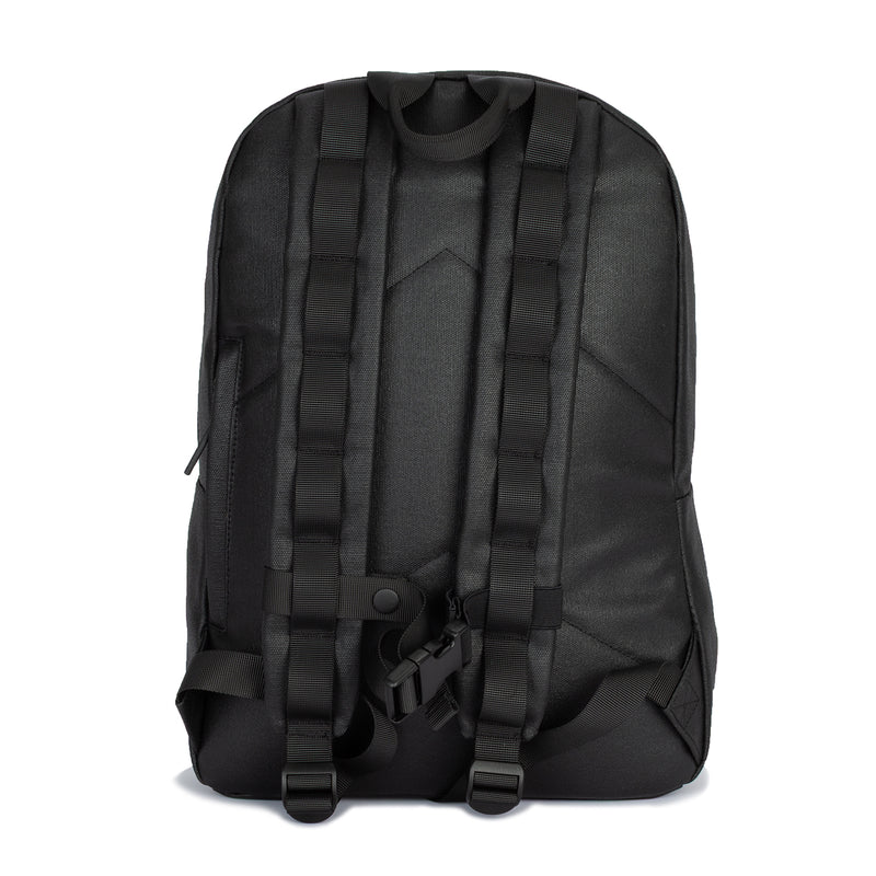 Black waxed canvas day pack with padded back panel and adjustable shoulder straps