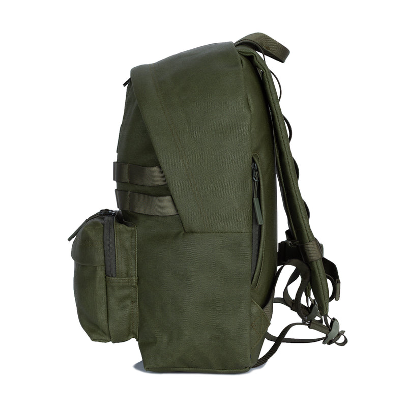 Olive waxed canvas day pack with side pocket and adjustable shoulder straps