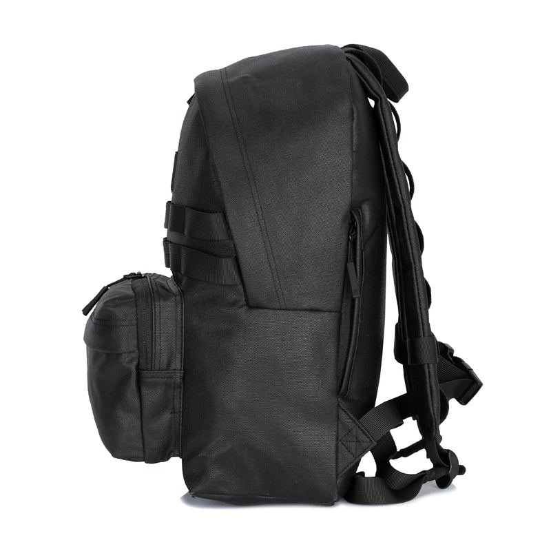 Black waxed canvas day pack with side pocket and multiple carry straps