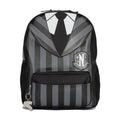 Black and white striped backpack with front pocket and school crest badge
