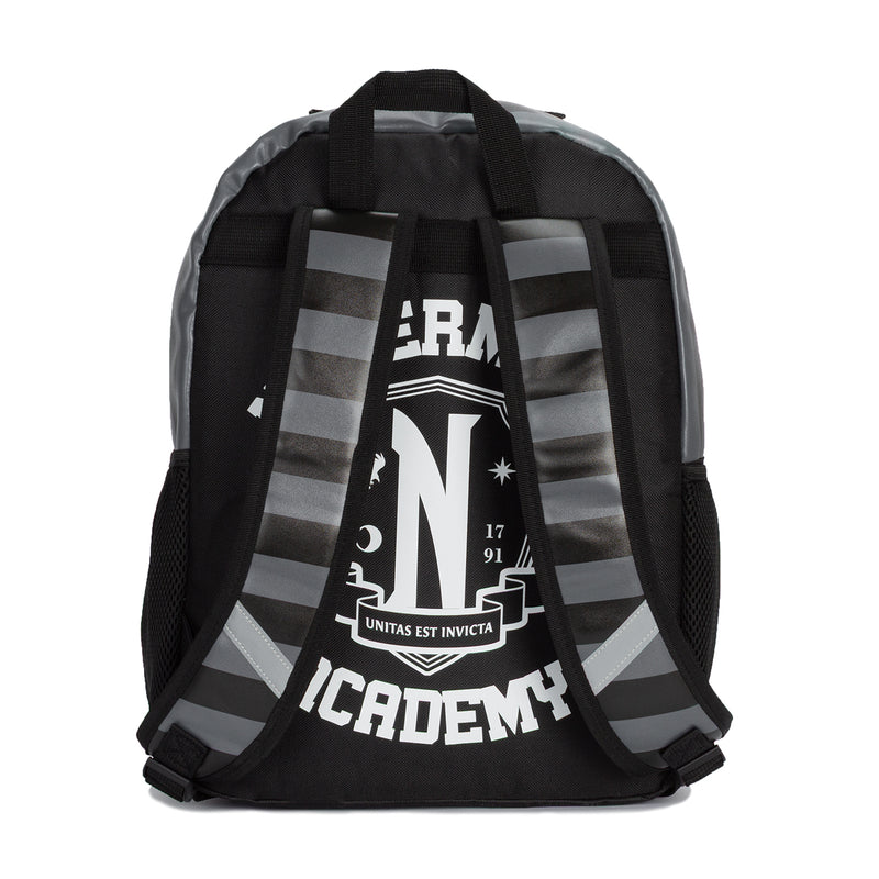 Black and white striped backpack back panel with bold academy logo print