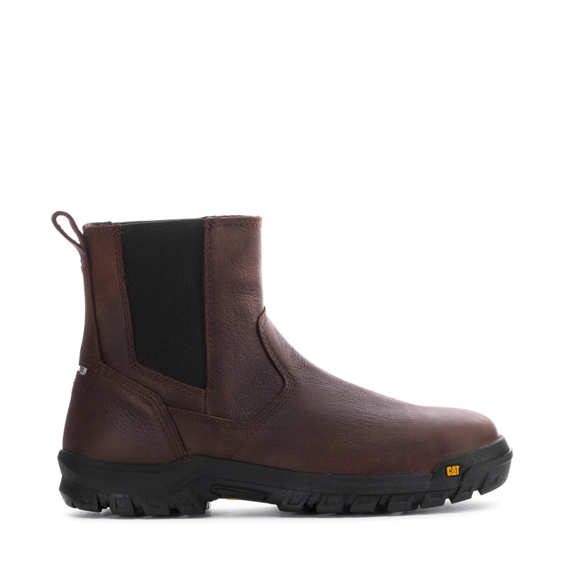 Clay brown mens steel-toe chelsea boot with side elastic panels and pull tab