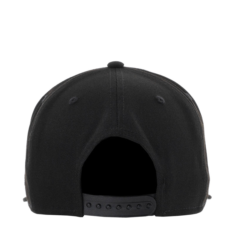 Black baseball cap back view with adjustable strap and open crown