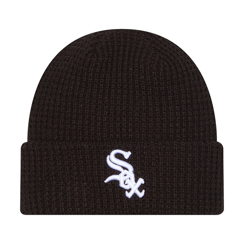 Black knit waffle beanie with white Chicago Sox logo