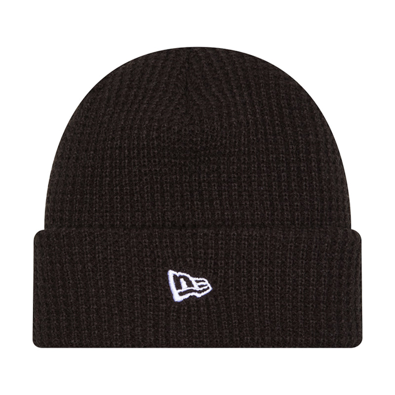 Black knit waffle beanie with small New Era logo