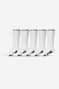 Five white crew socks laid in a row featuring Globe branding at the cuffs