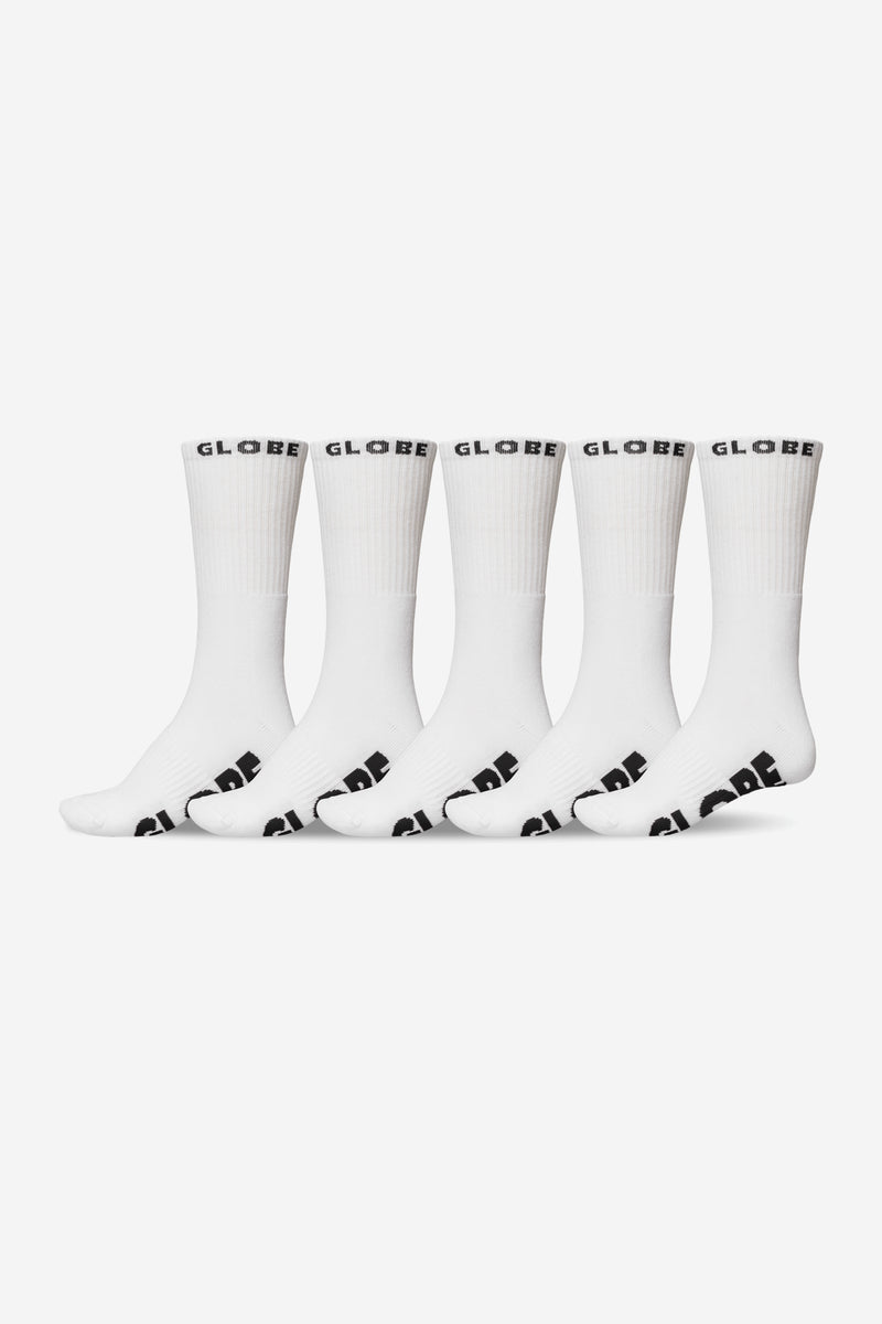 Five white crew socks laid in a row featuring Globe branding at the cuffs