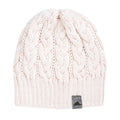 Beige cable-knit beanie with ribbed cuff and small logo patch