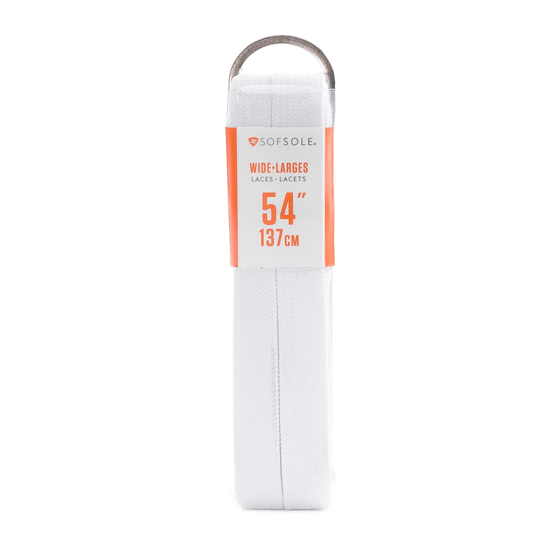 White 54-inch wide lace trim roll in clear plastic packaging