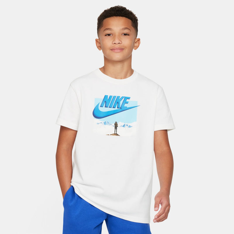 White youth T-shirt with Nike front graphic worn by child