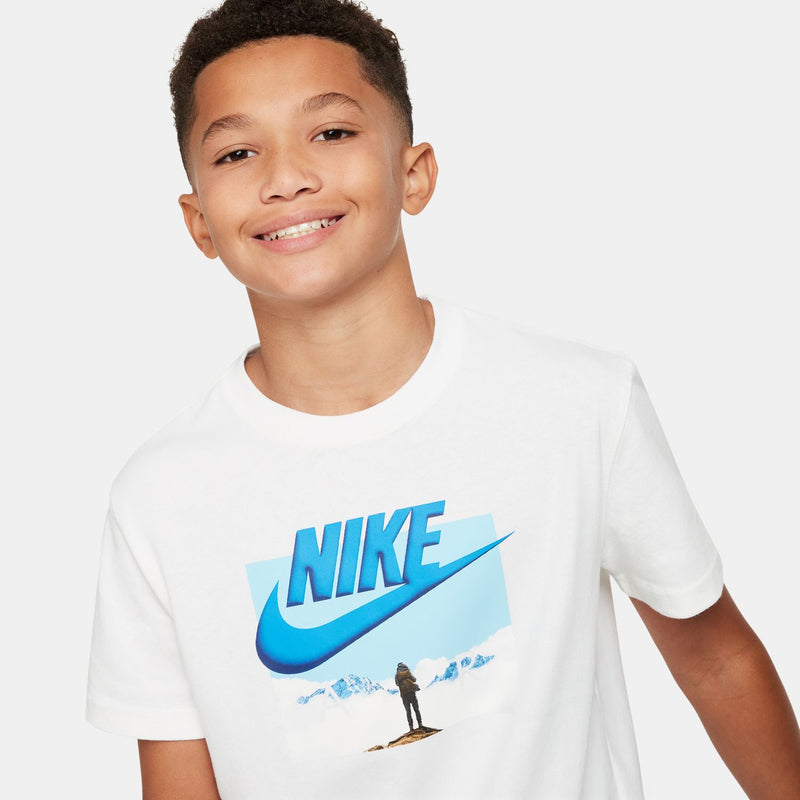 White youth T-shirt close-up with Nike logo graphic