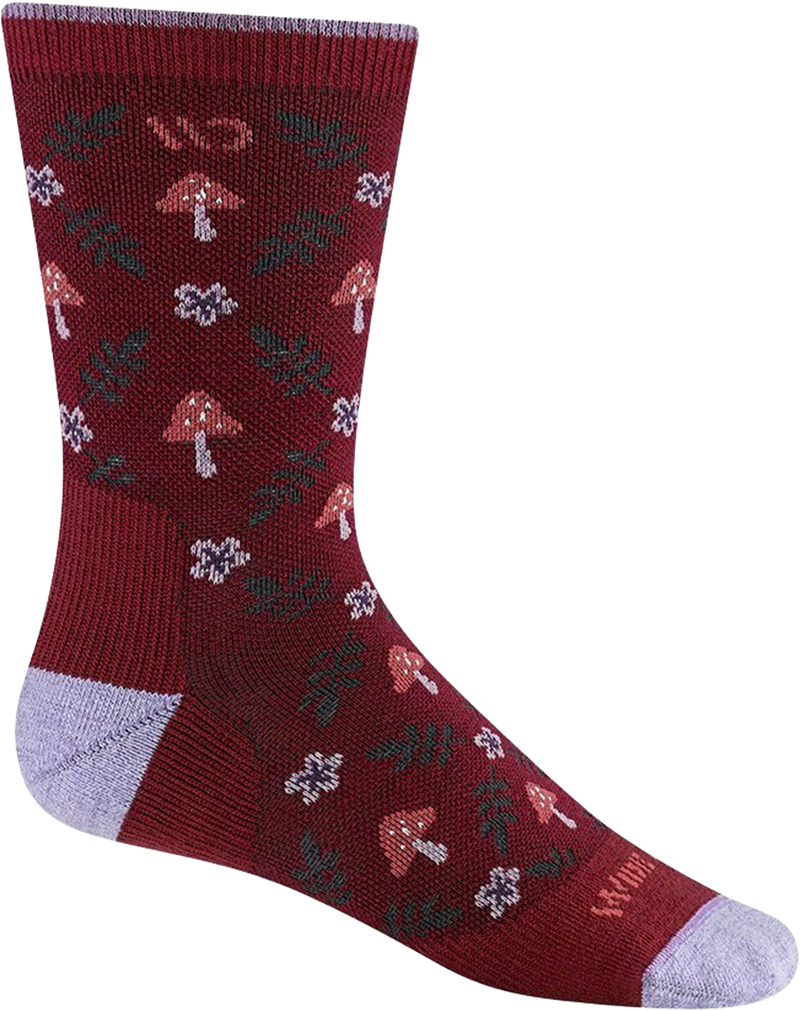 Quarter turn view Women's Wide Open Sock style name Wildwood Cushion Crew in color Burgundy. Sku: 9512-BURGUNDY