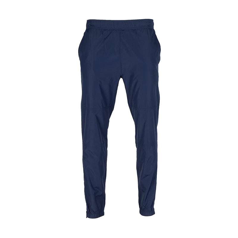 Men's navy wind pants with elastic waistband and tapered legs