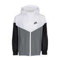 Youth hooded windbreaker jacket, white/grey panels and black sleeves, Nike logo