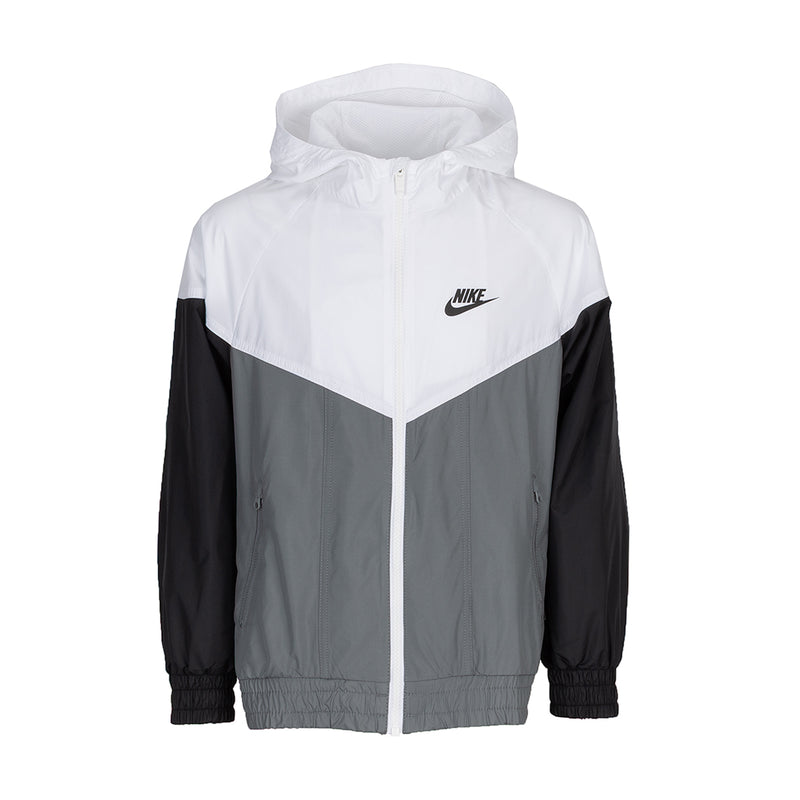 Youth hooded windbreaker jacket, white/grey panels and black sleeves, Nike logo