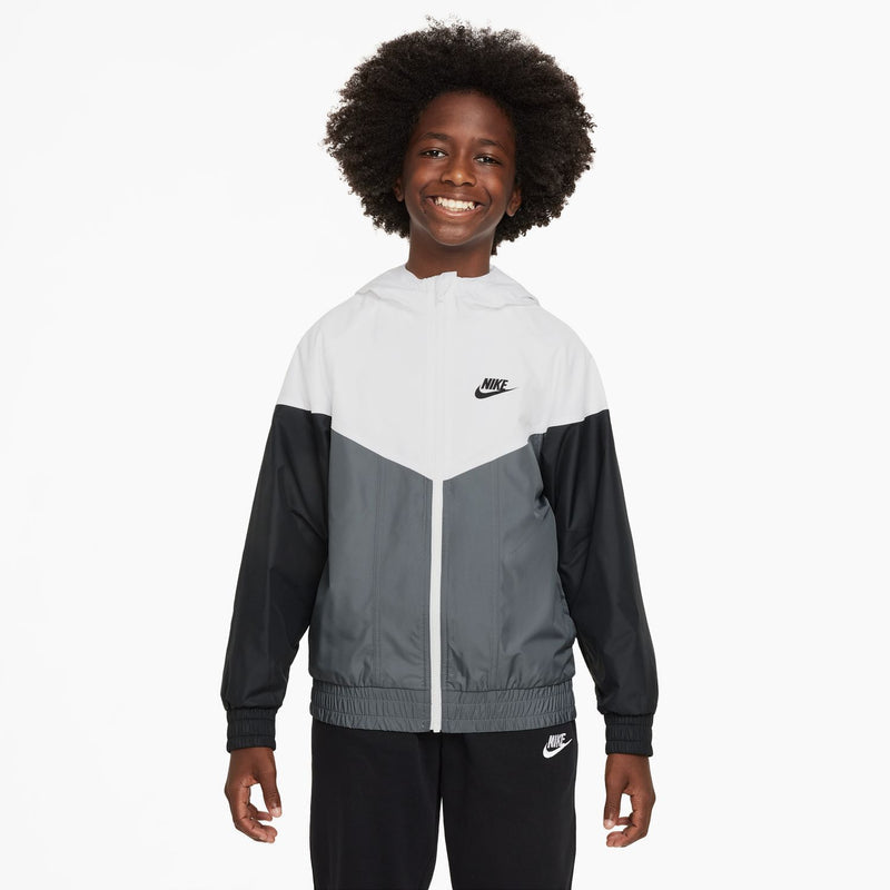Youth hooded windbreaker jacket, white and smoke grey colorblock with black sleeves, Nike logo