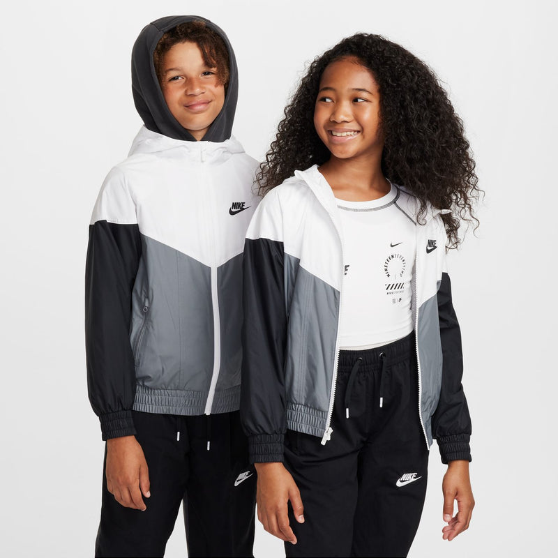 Youth hooded windbreaker jacket, white and smoke grey panels with black sleeves, Nike logo