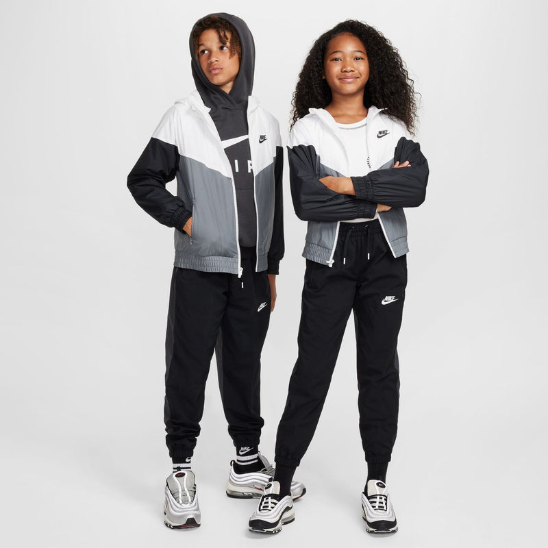 Youth hooded windbreaker jacket in white, smoke grey, and black colorblock, Nike logo