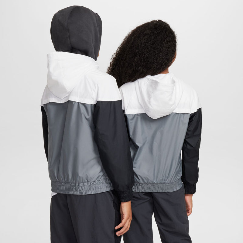 Youth hooded windbreaker jacket, back view in white/grey panels with black sleeves