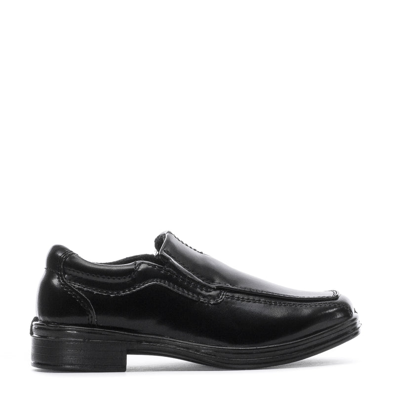 Black toddler slip-on loafer with stitched upper and low block heel