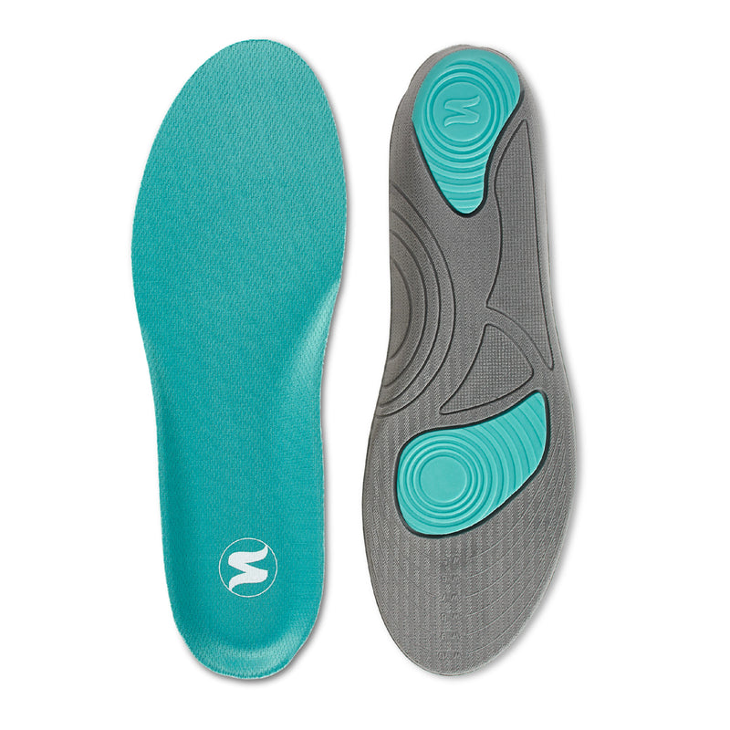 Pair of women’s sport insoles in turquoise and gray with teal cushioning zones