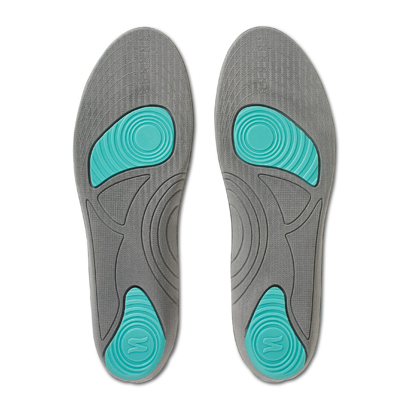 Pair of women’s sport insoles with gray base and teal cushioned arch supports