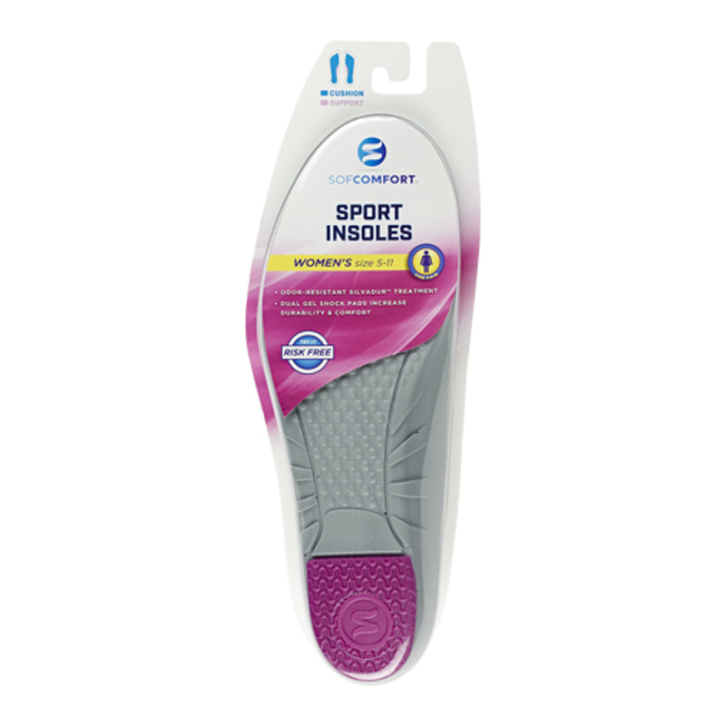 Women’s sport insoles package card with purple and gray design