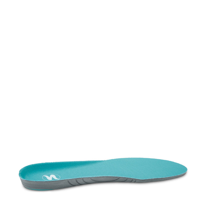 Women’s sport insole side profile in turquoise top with gray supportive heel zone