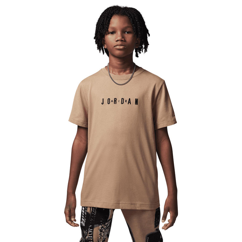 Tan youth crewneck T-shirt with embroidered Jordan wordmark across the chest