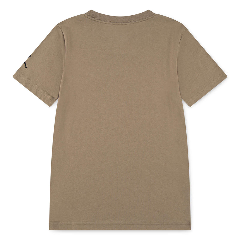 Tan youth crewneck T-shirt back view, no visible graphic