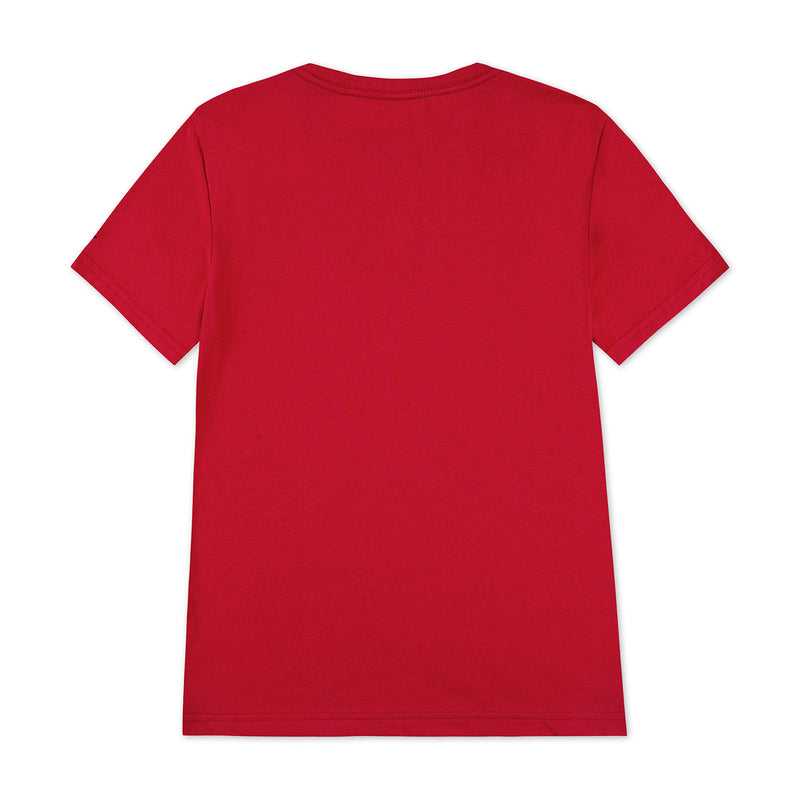 Gym Red youth crewneck T-shirt back view on white background, plain