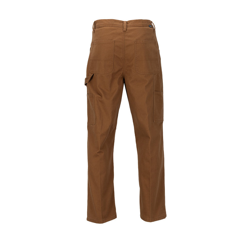 Men's brown work pants, flat lay front with belt loops and cargo pockets